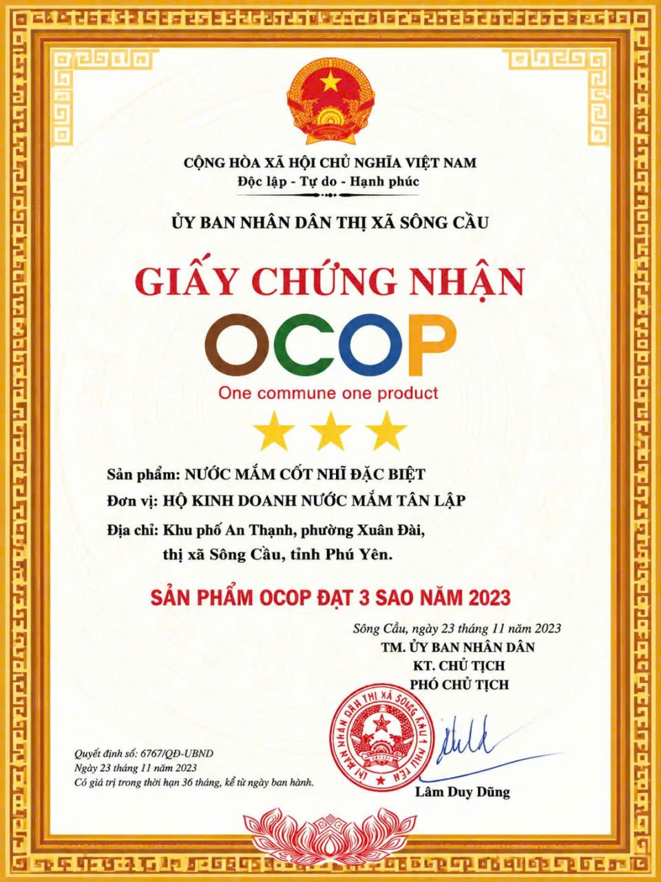 Giấy chứng nhận OCOP nước mắm Tân Lập